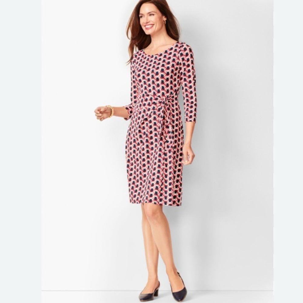 Talbots Side Tie Swirl Dress SP Pink Blue Wave Geo Print Faux Wrap Small Petite - Picture 3 of 9